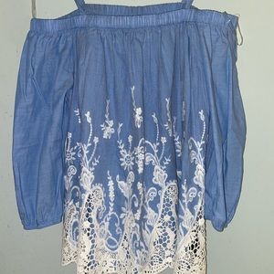 Blue off the shoulder top with lace detail